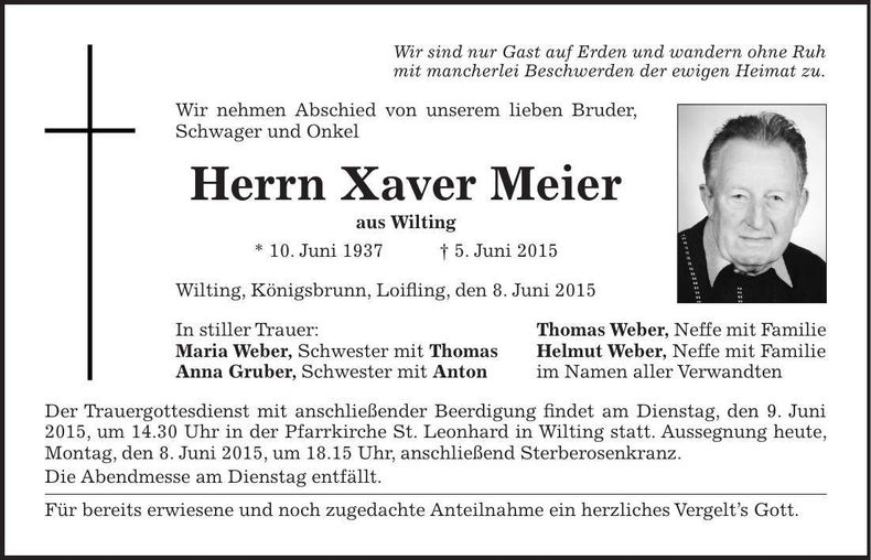 Traueranzeige Xaver Meier