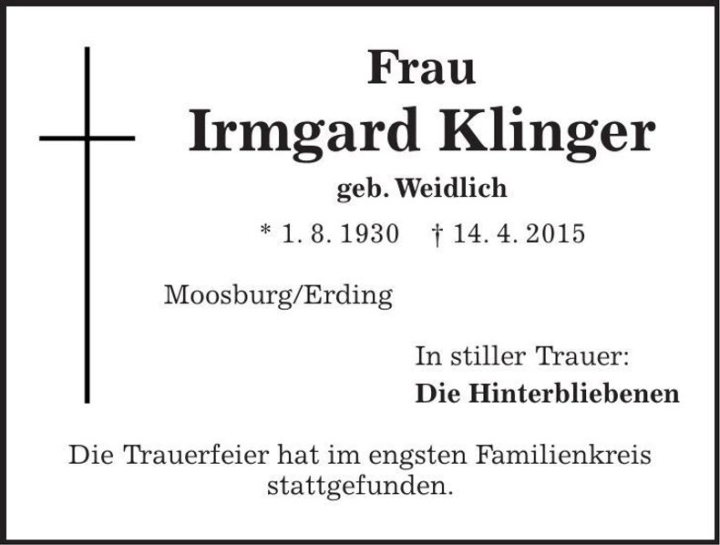 Traueranzeige Klinger Irmgard