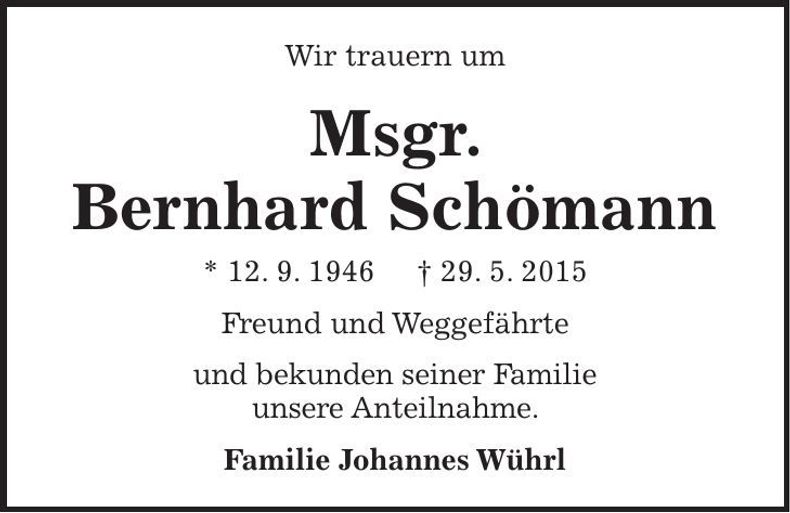 Traueranzeige Bernhard Schömann