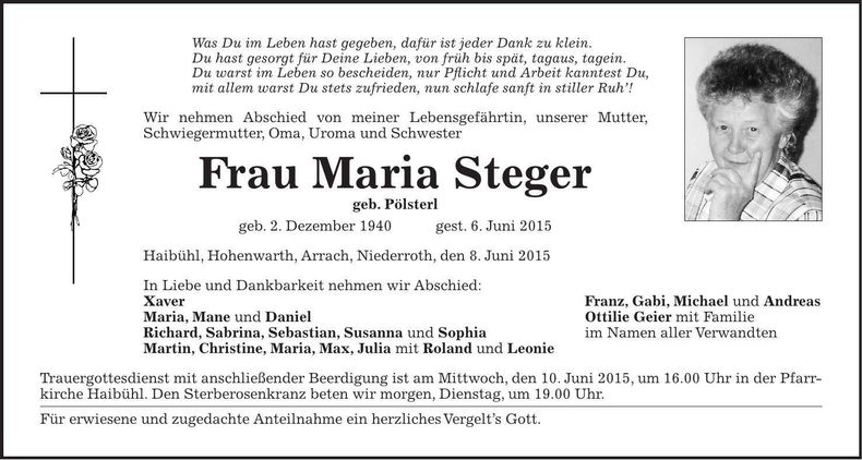 Traueranzeige Maria Steger
