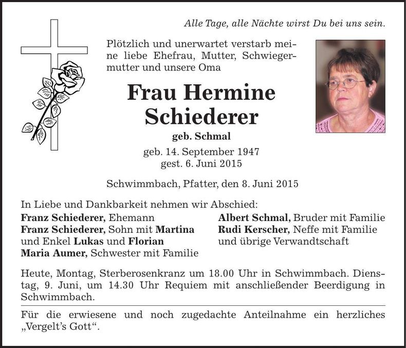 Traueranzeige Hermine Schiederer