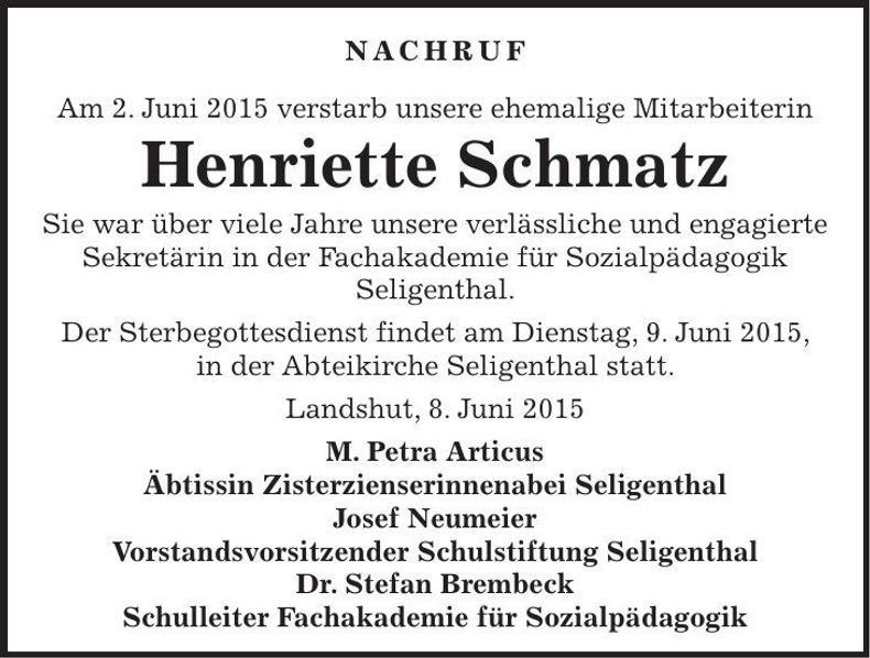 Traueranzeige Henriette Schmatz