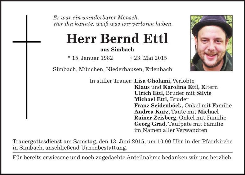 Traueranzeige Bernd Ettl