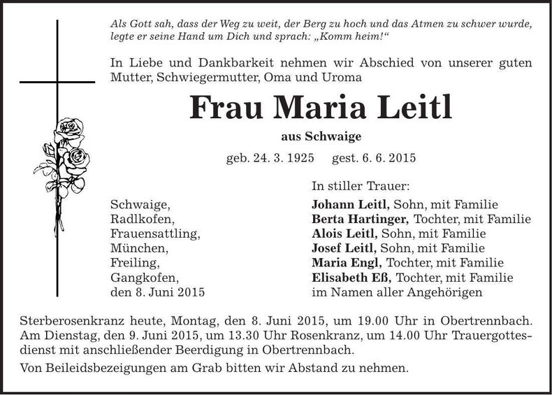Traueranzeige Maria Leitl