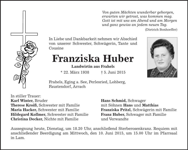 Traueranzeige Franziska Huber