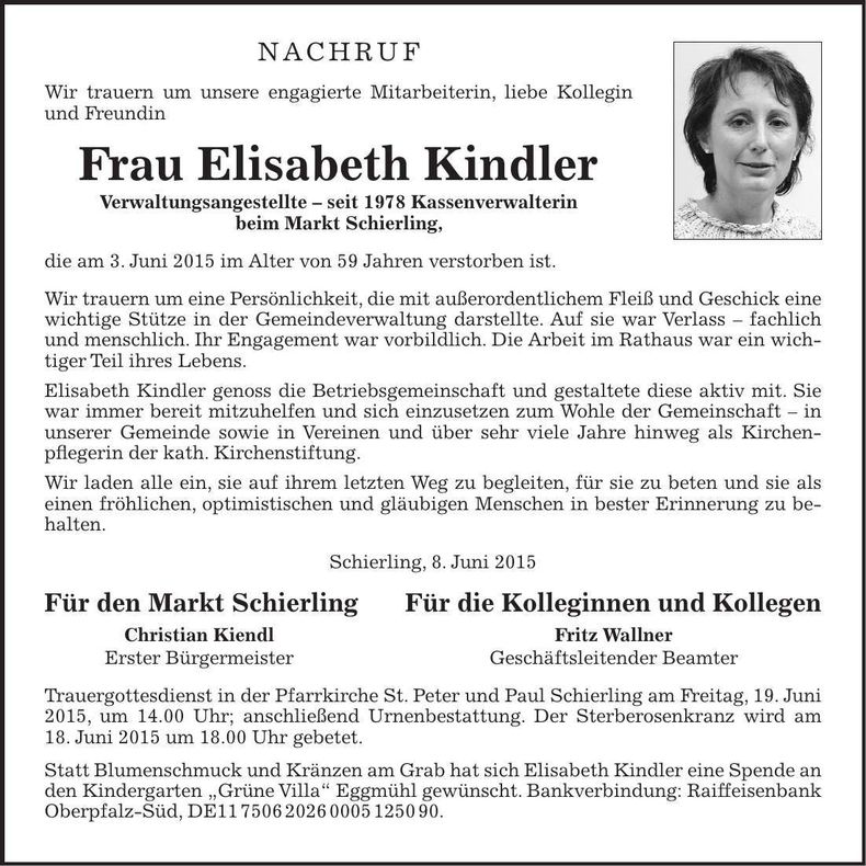 Traueranzeige Elisabeth Kindler