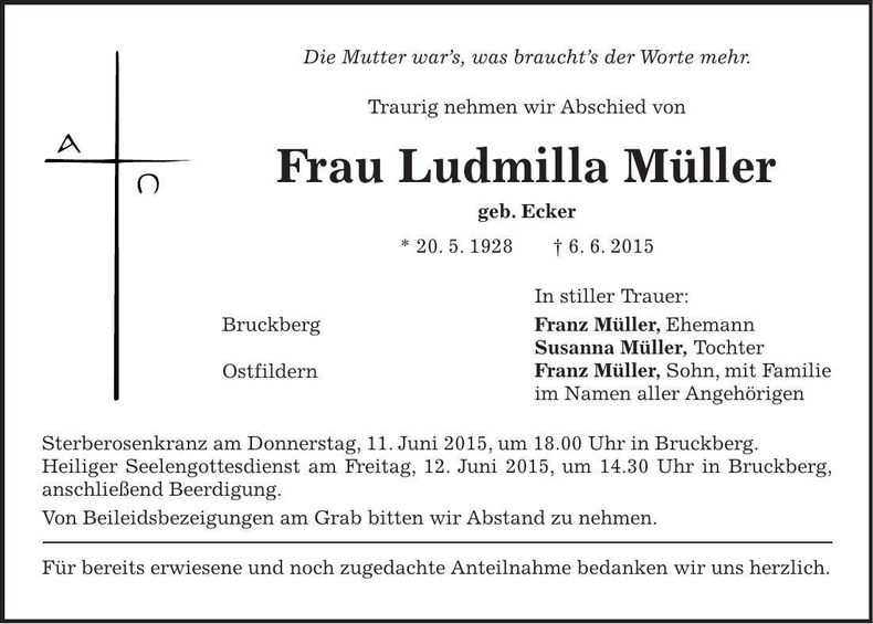 Traueranzeige Ludmilla Müller