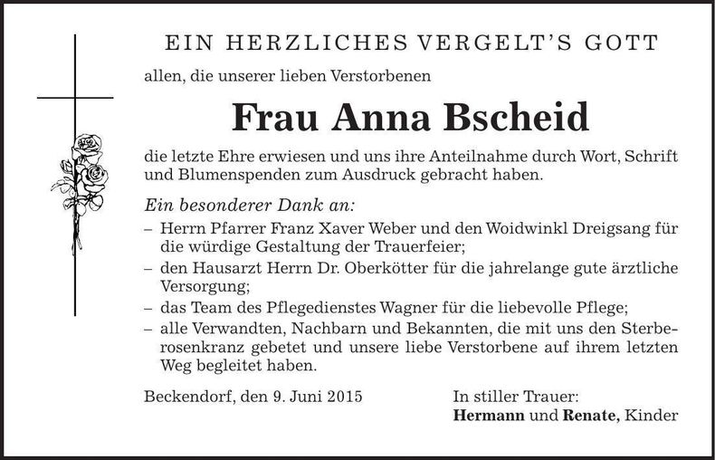 Traueranzeige Anna Bscheid