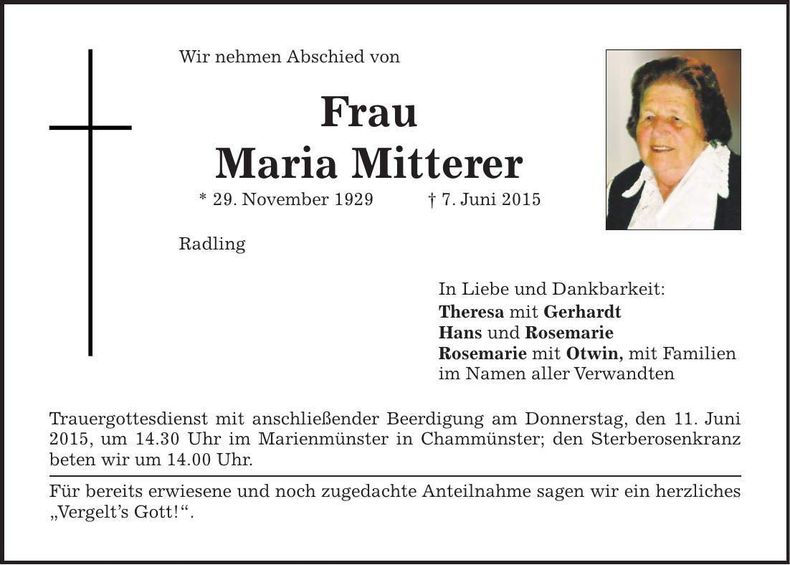 Traueranzeige Maria Mitterer