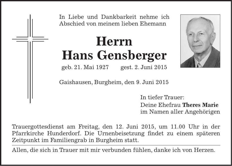 Traueranzeige Hans Gensberger