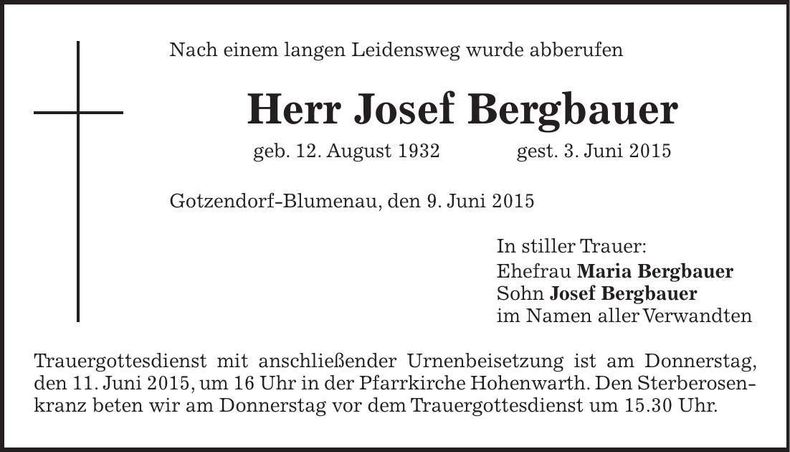Traueranzeige Josef Bergbauer