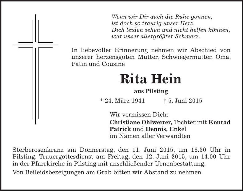Traueranzeige Rita Hein