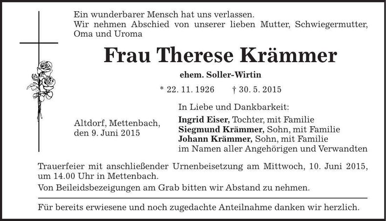 Traueranzeige Therese Krämmer