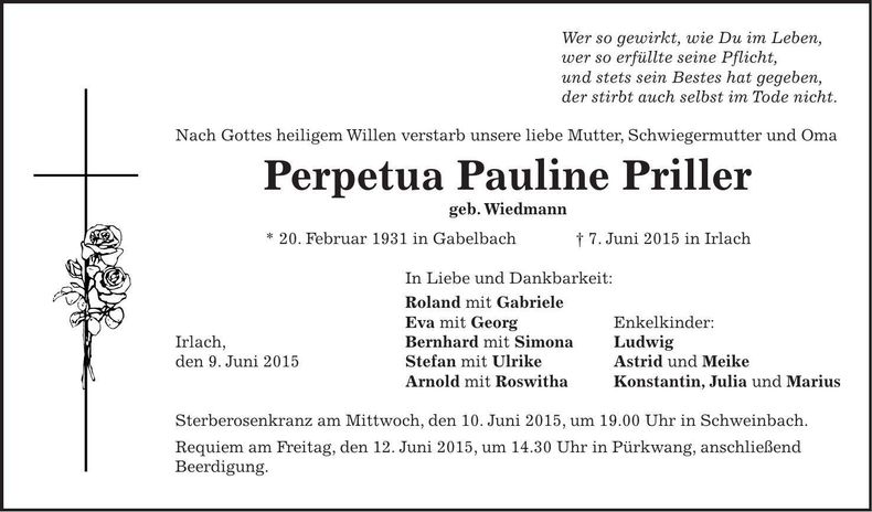 Traueranzeige Perpetua Pauline Priller
