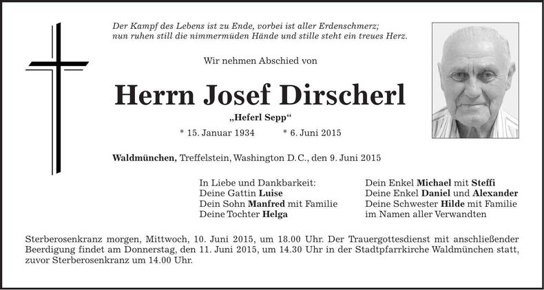 Traueranzeige Josef Dirscherl