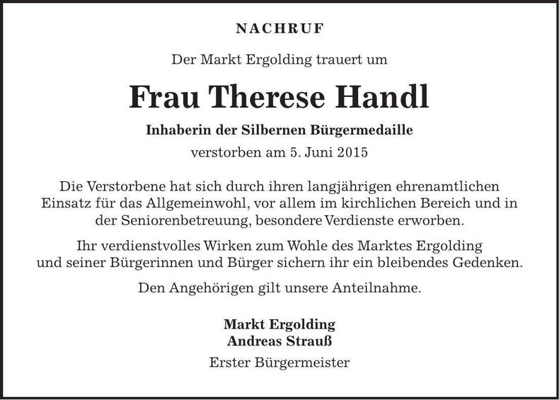 Traueranzeige Therese Handl
