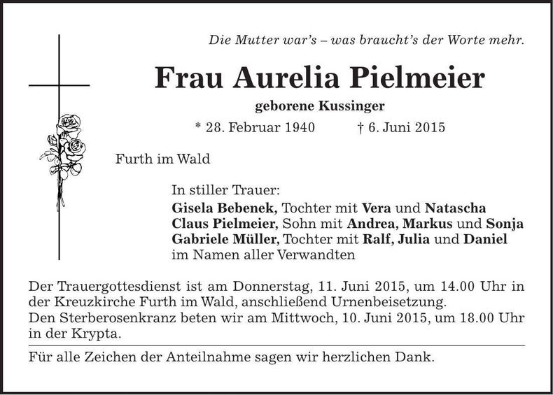 Traueranzeige Aurelia Pielmeier