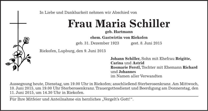Traueranzeige Maria Schiller