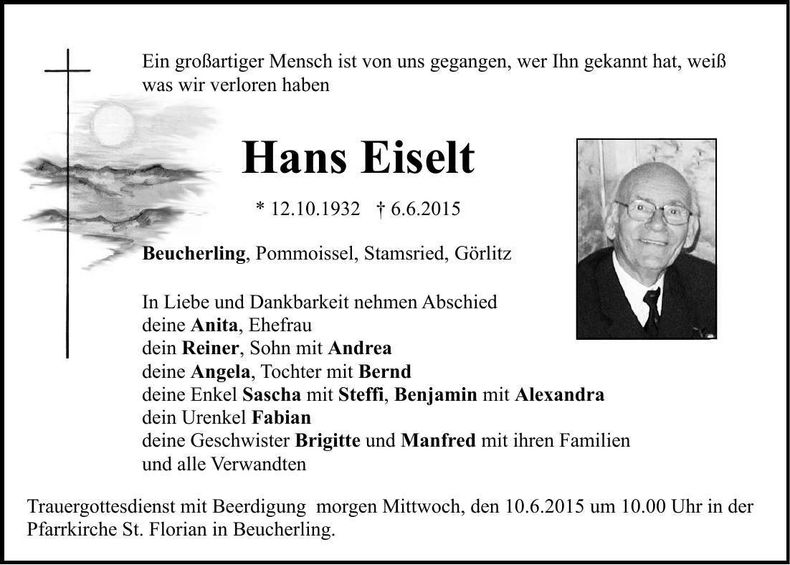 Traueranzeige Hans Eiselt