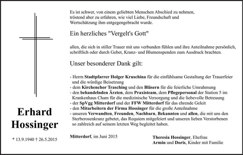 Traueranzeige Erhard Hossinger