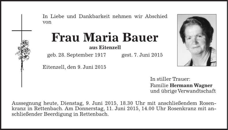 Traueranzeige Maria Bauer