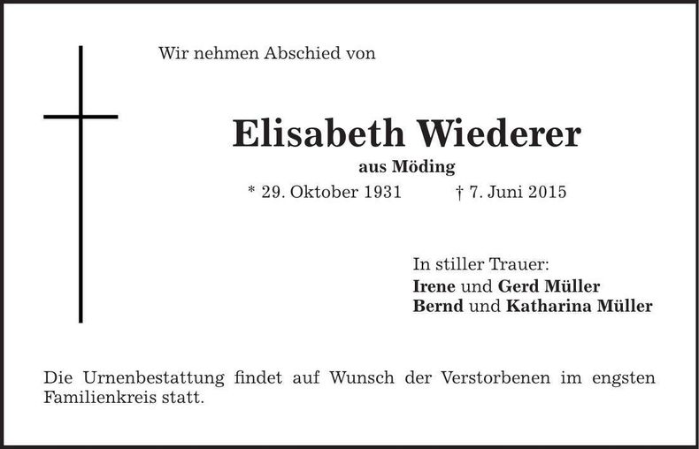 Traueranzeige Elisabeth Wiederer