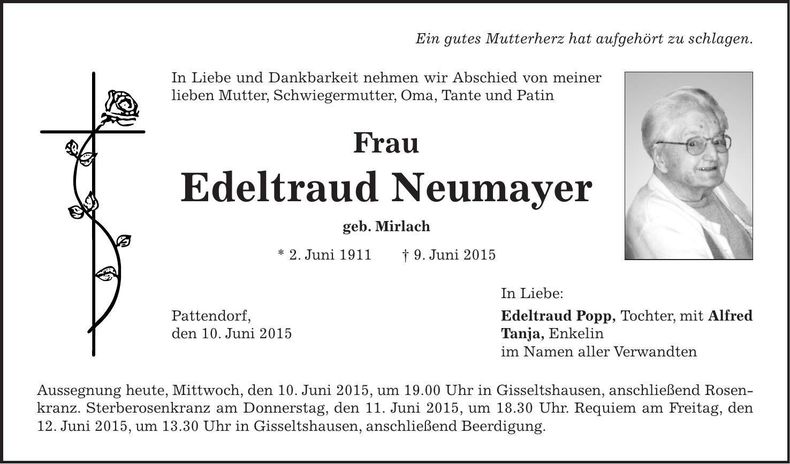 Traueranzeige Edeltraud Neumayer