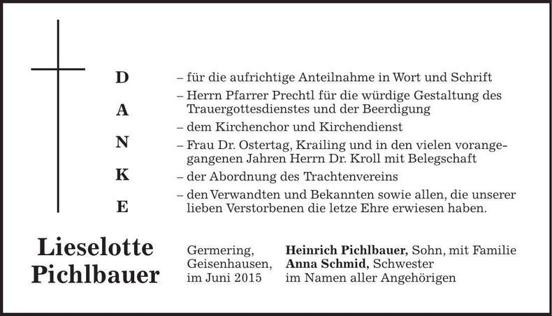 Traueranzeige Pichlbauer Lieselotte