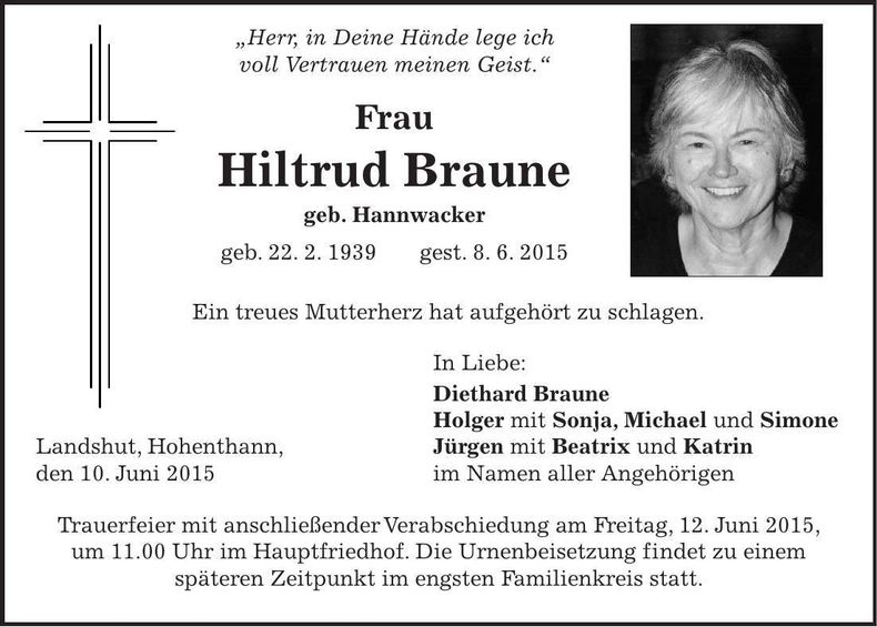 Traueranzeige Hiltrud Braune