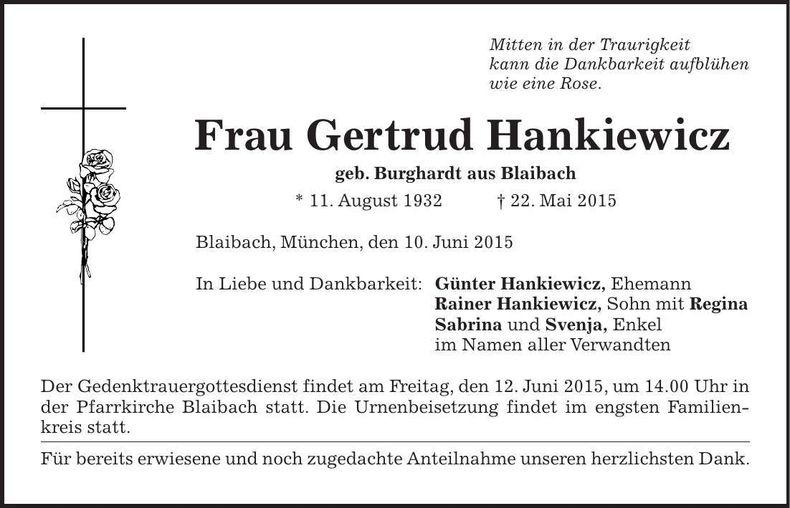 Traueranzeige Gertrud Hankiewicz