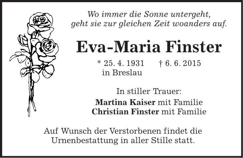 Traueranzeige Eva-Maria Finster