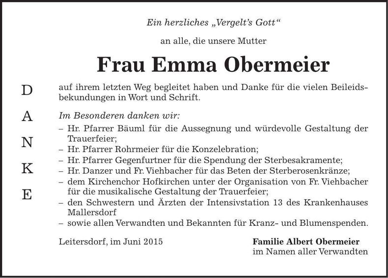 Traueranzeige Emma Obermeier