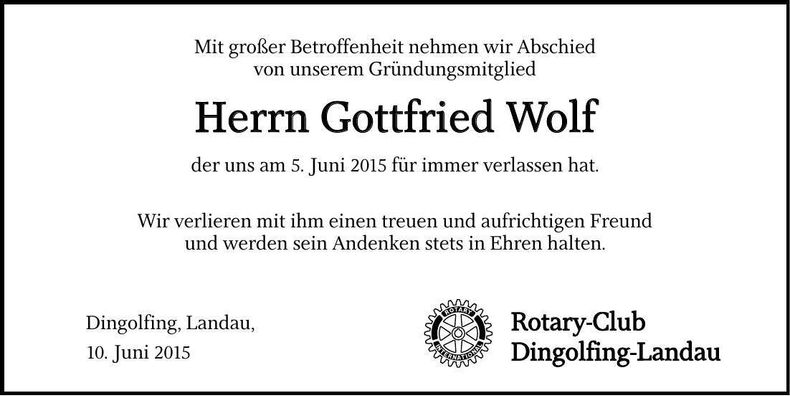 Traueranzeige Gottfried Wolf
