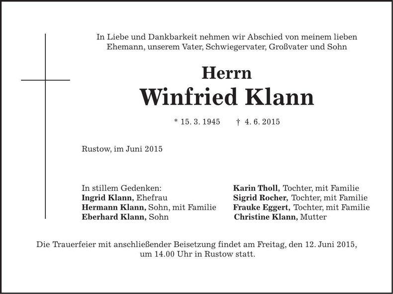 Traueranzeige Winfried Klann