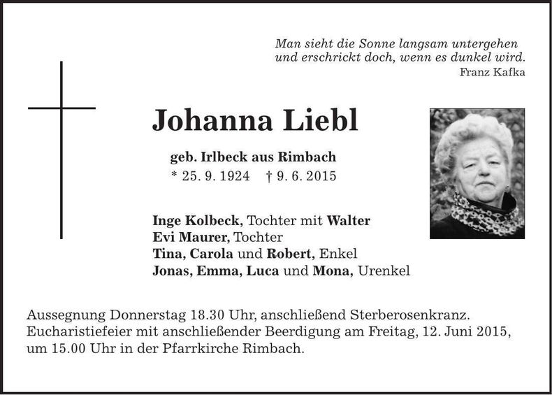 Traueranzeige Johanna Liebl