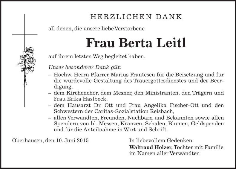 Traueranzeige Berta Leitl