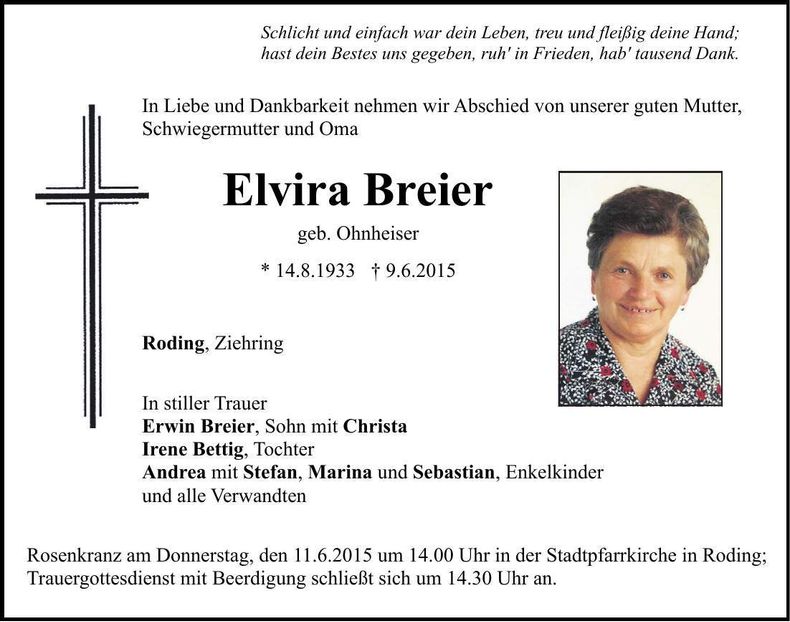 Traueranzeige Elvira Breier