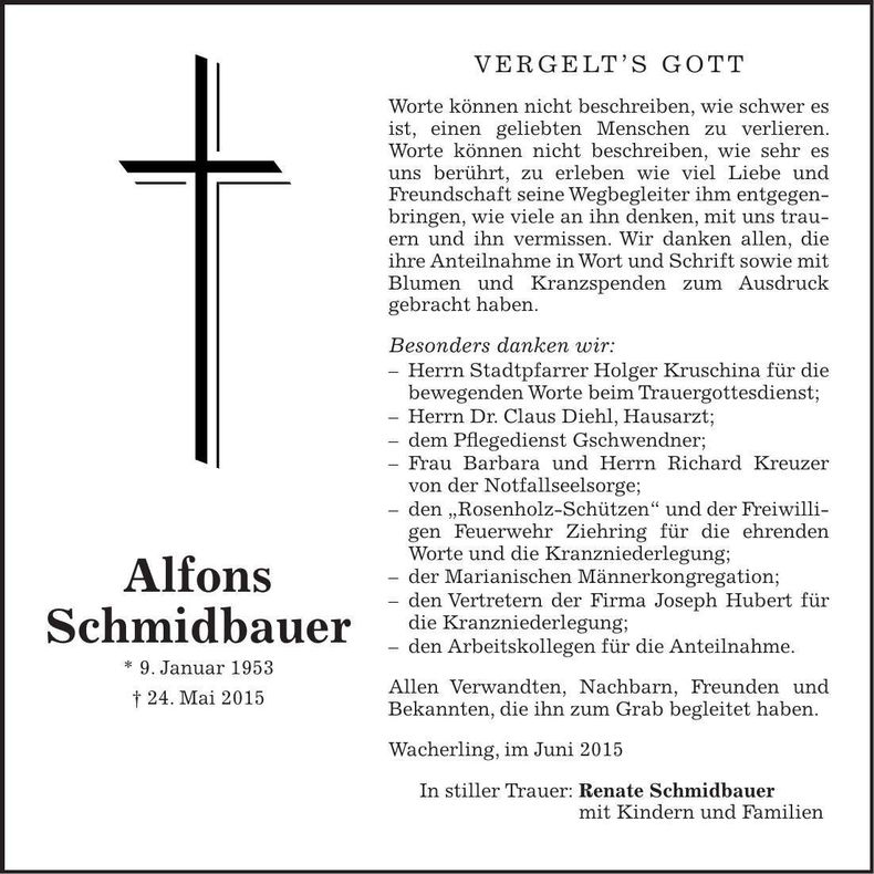 Traueranzeige Alfons Schmidbauer