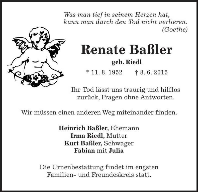 Traueranzeige Renate Baßler