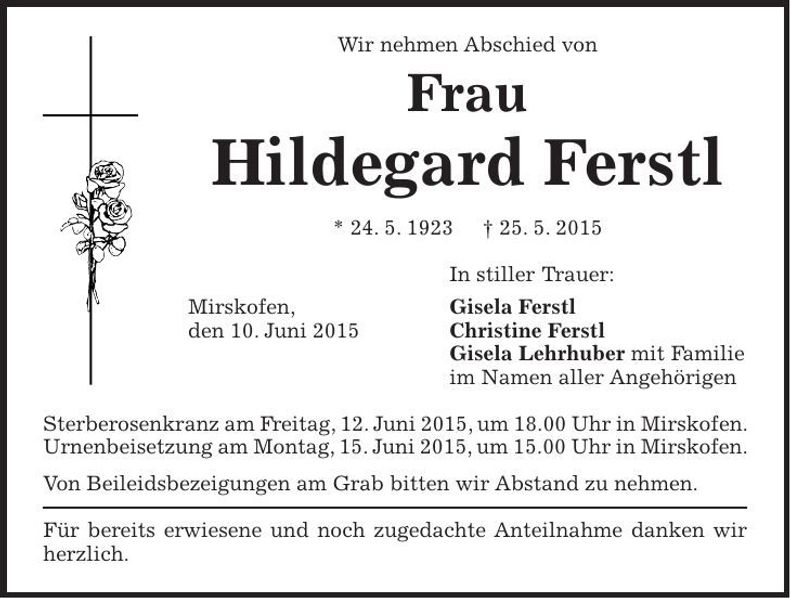 Traueranzeige Hildegard Ferstl