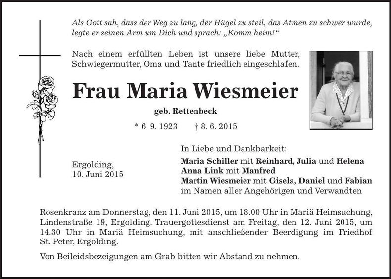 Traueranzeige Maria Wiesmeier
