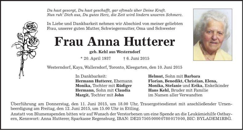 Traueranzeige Anna Hutterer