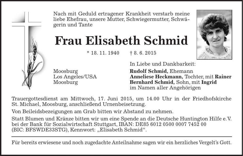 Traueranzeige Elisabeth Schmid