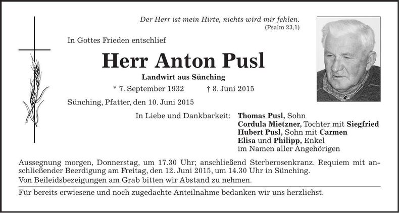 Traueranzeige Anton Pusl