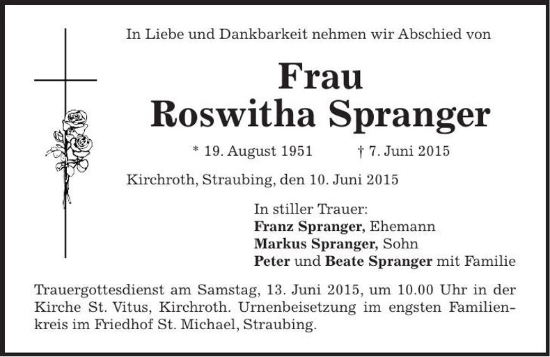Traueranzeige Roswitha Spranger