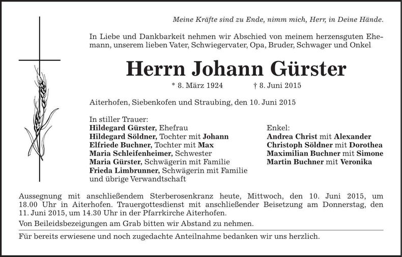 Traueranzeige Johann Gürster