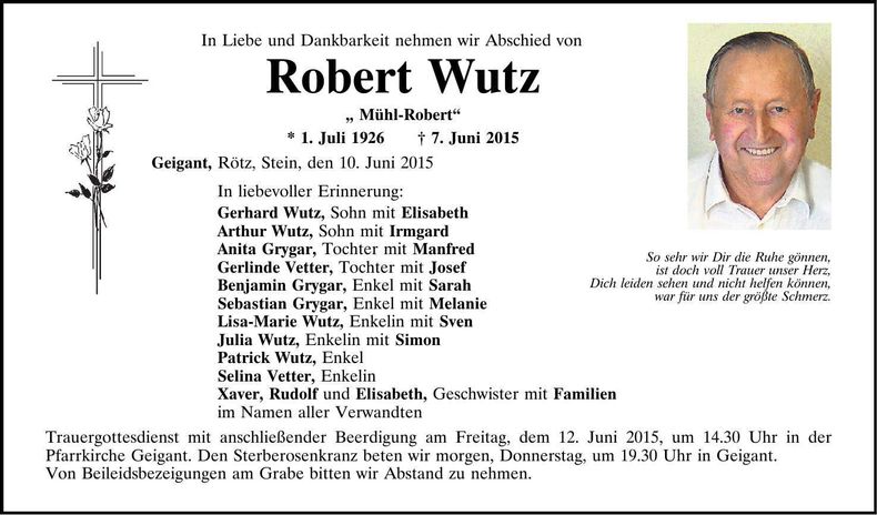 Traueranzeige Robert Wutz