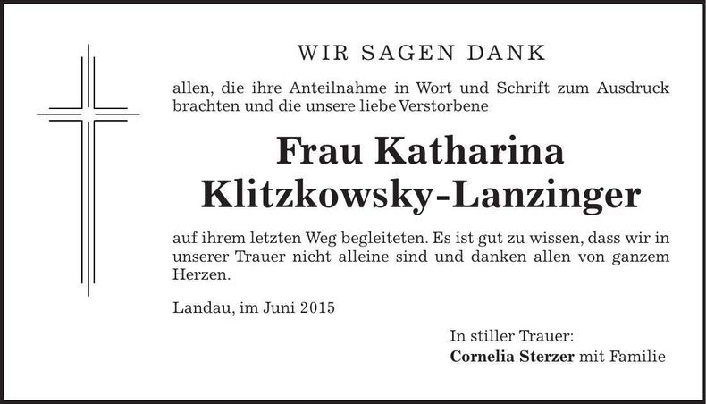 Traueranzeige Katharina Klitzkowsky-Lanzinger