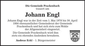 Traueranzeige Johann Engl