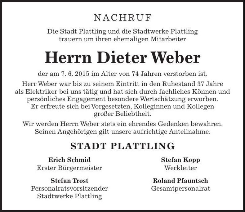 Traueranzeige Dieter Weber